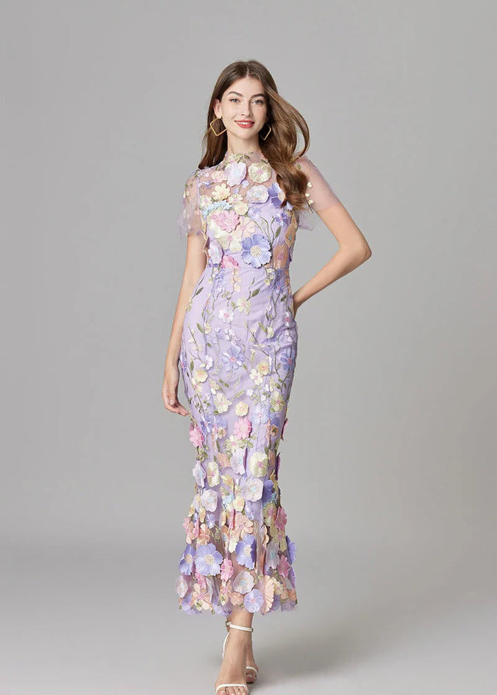 Wedding guest yellow maxi dress, elegant with sheer paneling & charming 3D floral embellishments.