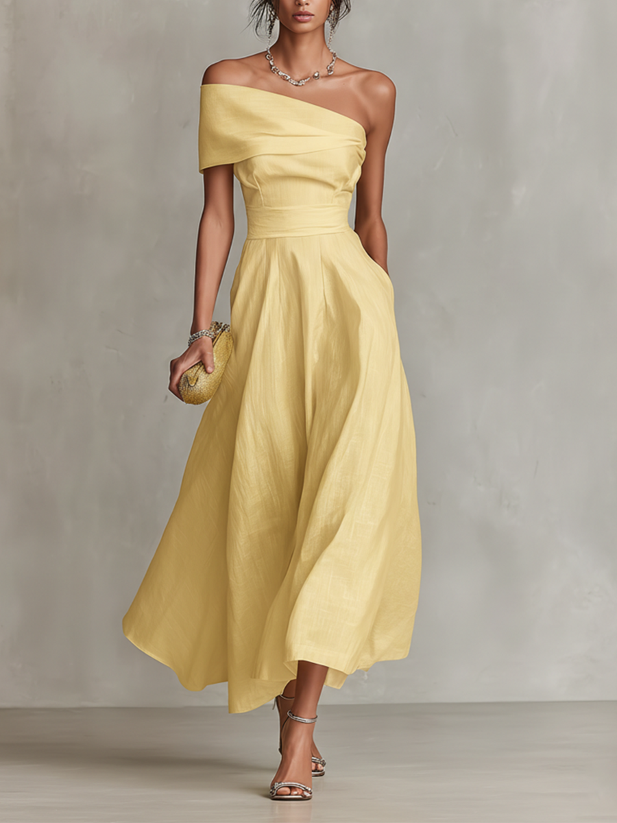 Elegant yellow ruched one shoulder A-line midi dress for wedding guests, formal events, or cocktail parties.