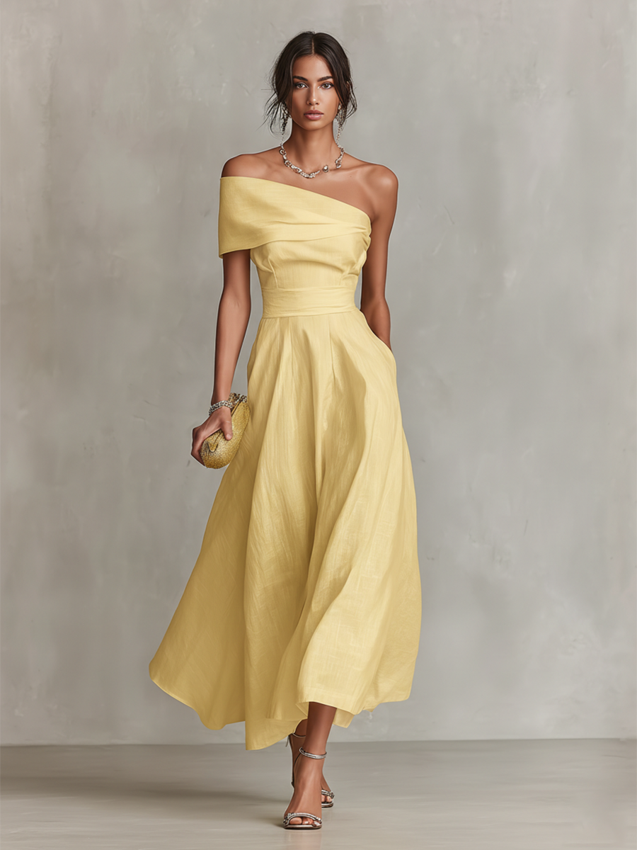 Stylish women's yellow one shoulder midi dress with elegant ruching and A-line skirt. Perfect special occasion dress.