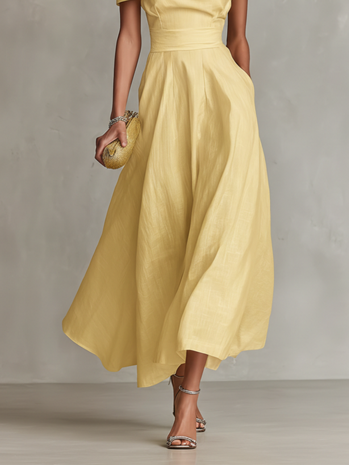 Vibrant yellow ruched one-shoulder A-line midi dress. A stunning women's formal gown for weddings or parties.