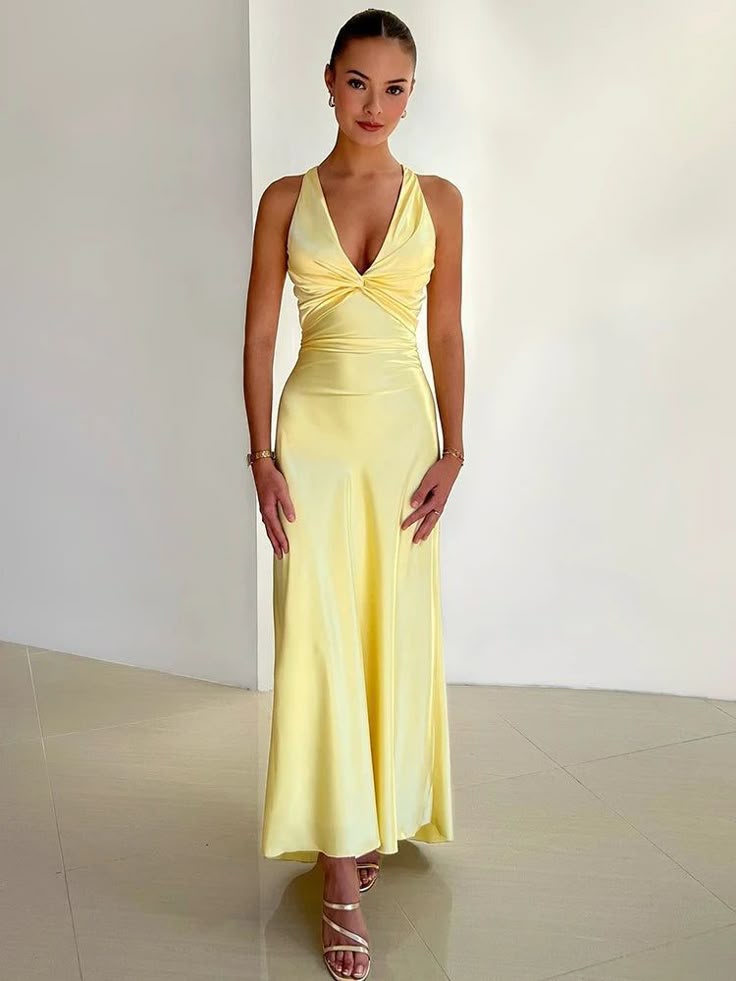 Elegant yellow V-neck maxi dress for women, perfect for wedding guests, formal events & summer parties.