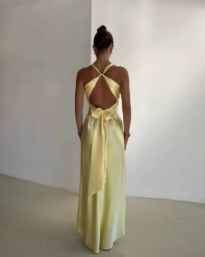 Women's yellow V-neck maxi dress, an elegant formal gown for special occasion, wedding guests & summer events.