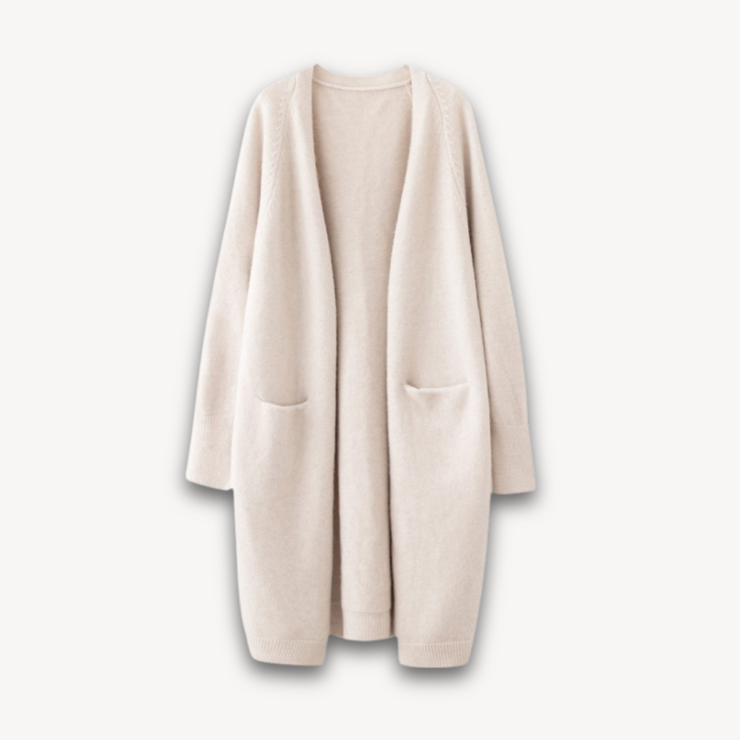Ella longline open-front women's cardigan, lightweight knit for spring layering, one size, neutral casualwear with pockets