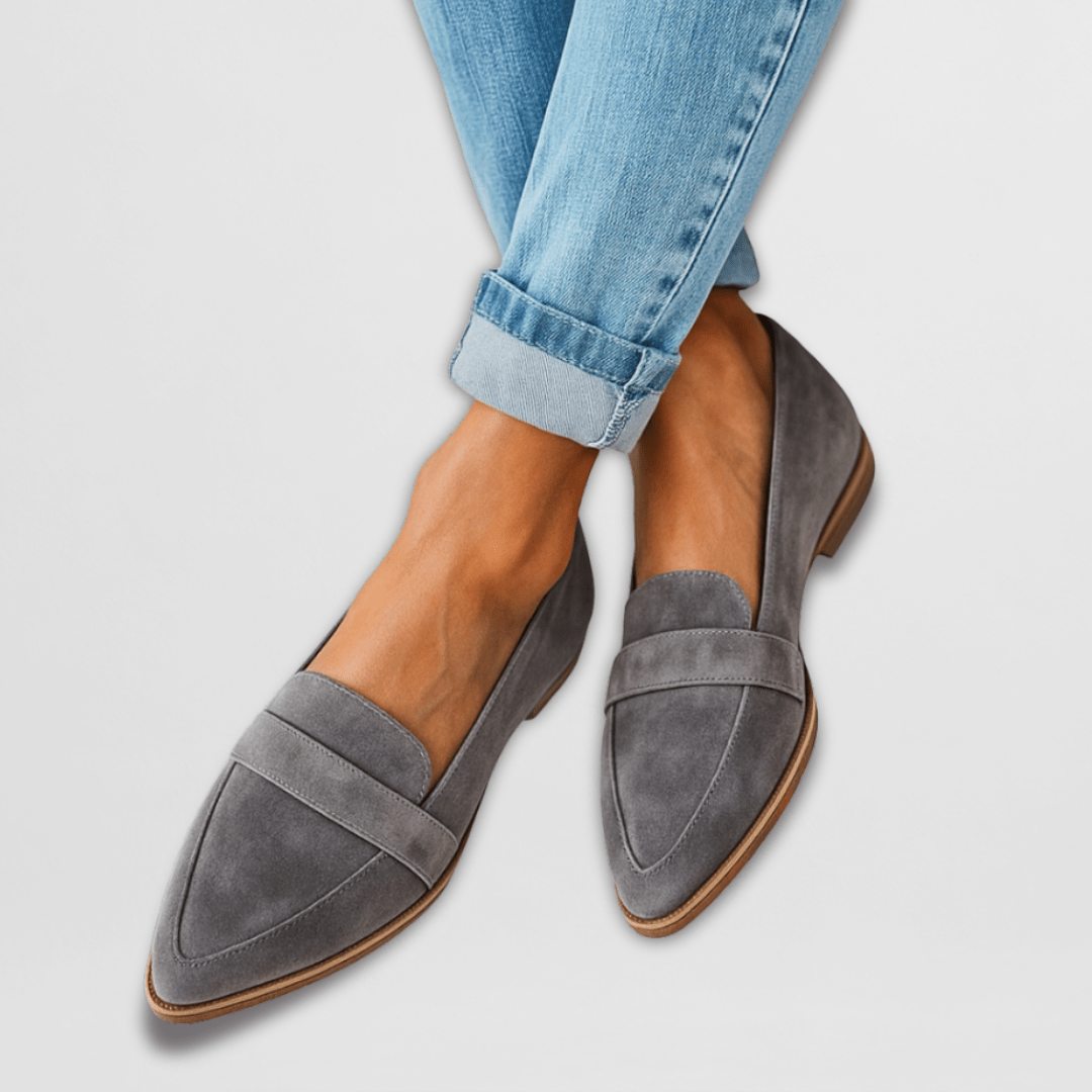 Side view: Emily women's gray flat loafers with cushioned sole — breathable summer shoes, UK sizes 4-11