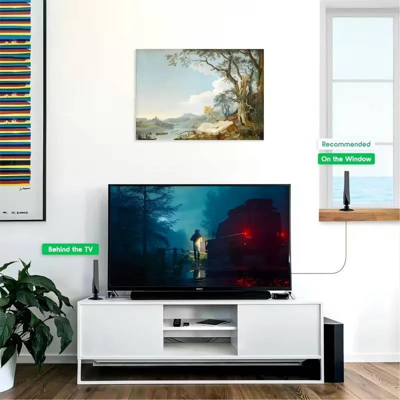 Compact indoor digital TV antenna with signal booster for reliable free local channels & home entertainment.