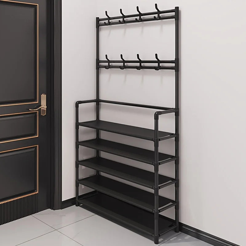 EntryMate Space-Saving Entryway Coat Rack with Multi-Layer Shoe Storage Shelf for hallway organization.