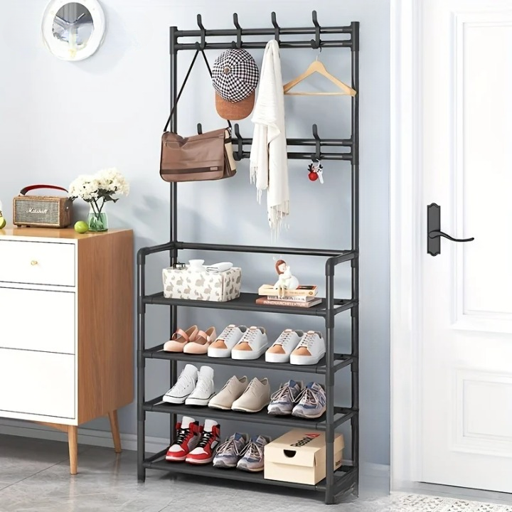Durable steel frame EntryMate coat rack with vertical shoe storage, perfect for small entryways.