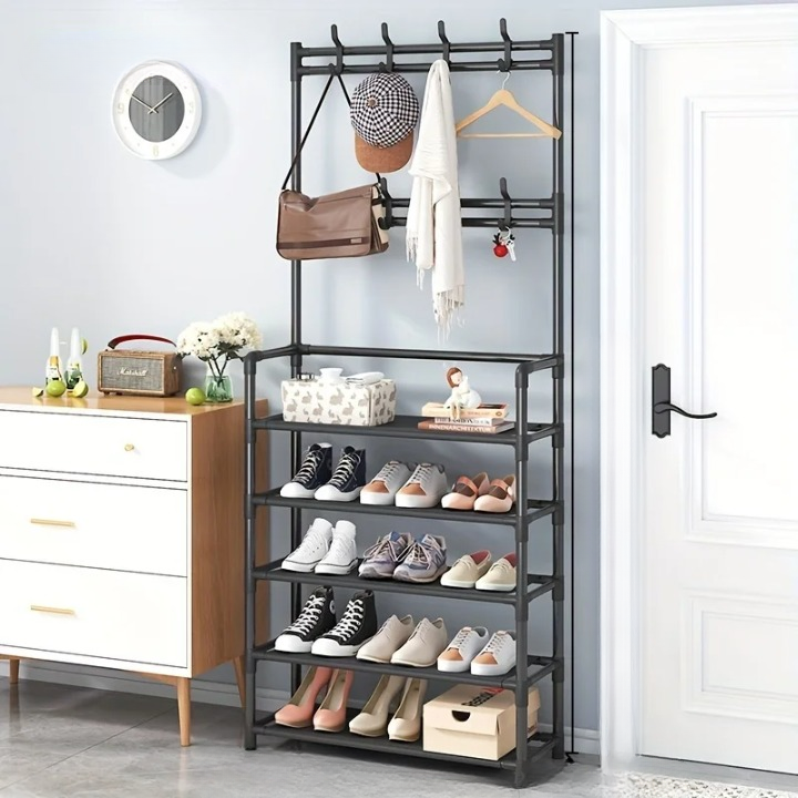 Vertical space-saving coat rack & multi-layer shoe shelf combo. Ideal entryway organizer for efficient storage.