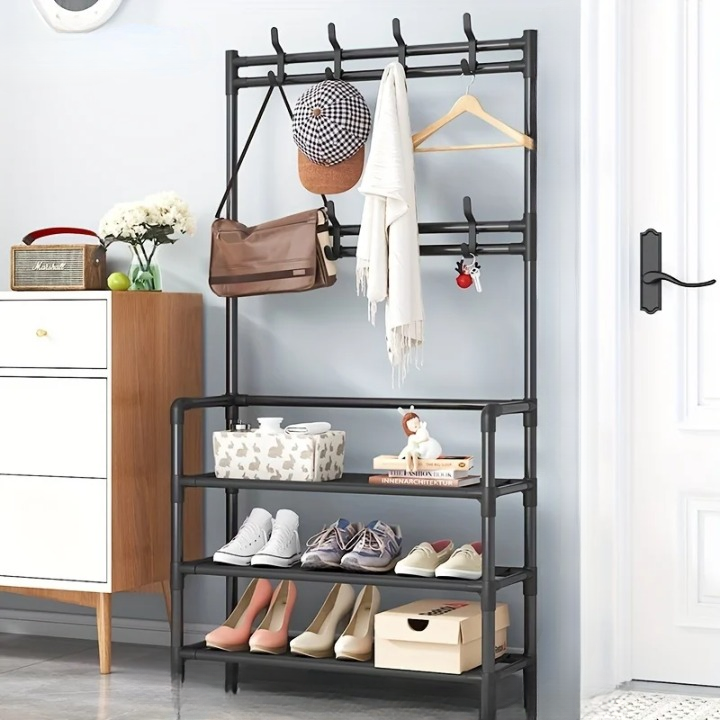 Hallway EntryMate coat rack with hooks and multi-layer shoe storage shelves, keeping your space tidy.