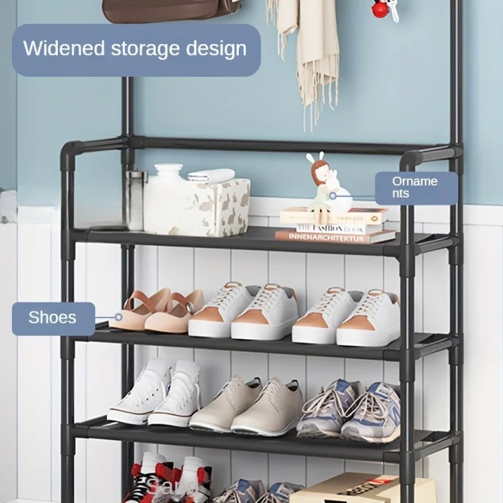 Modern EntryMate steel frame coat rack & shoe storage. Streamline your entryway or bedroom organization.