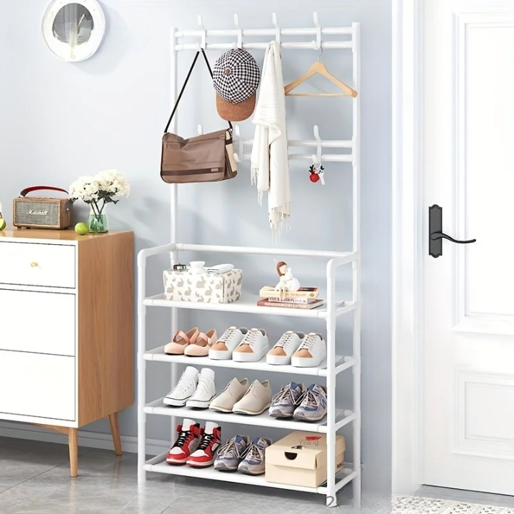Durable EntryMate multi-layer steel frame coat rack with shoe storage shelf, ideal for hallway & bedroom.