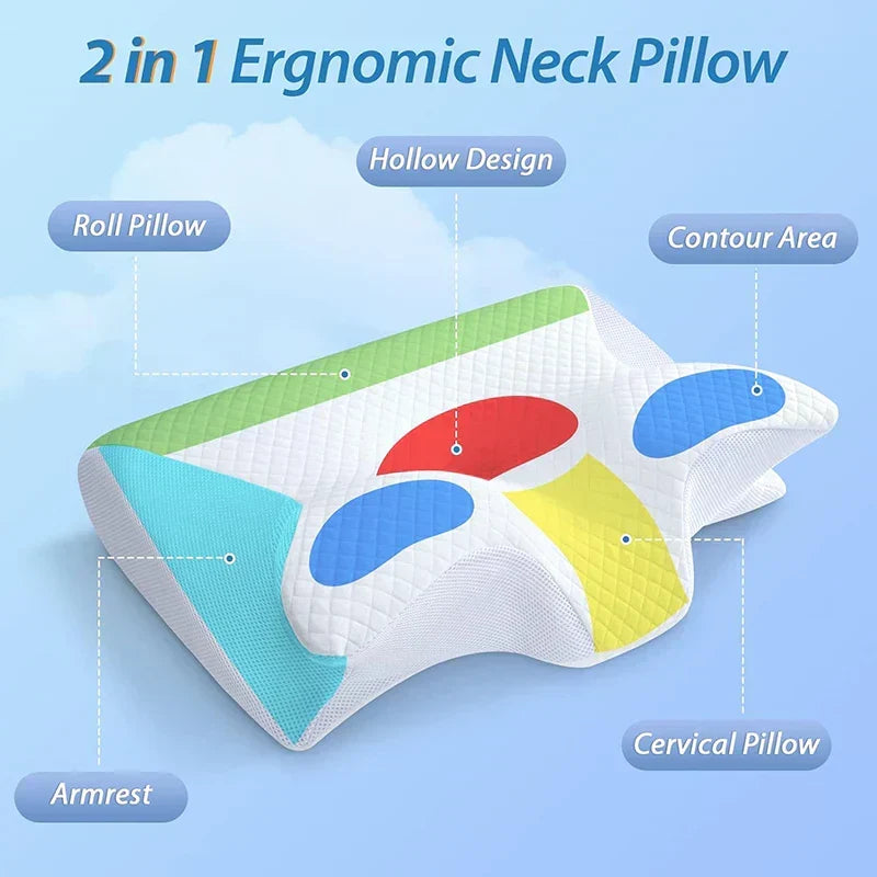 Ergonomic memory foam cervical pillow for neck support, promoting spine alignment & pain relief for all sleepers.