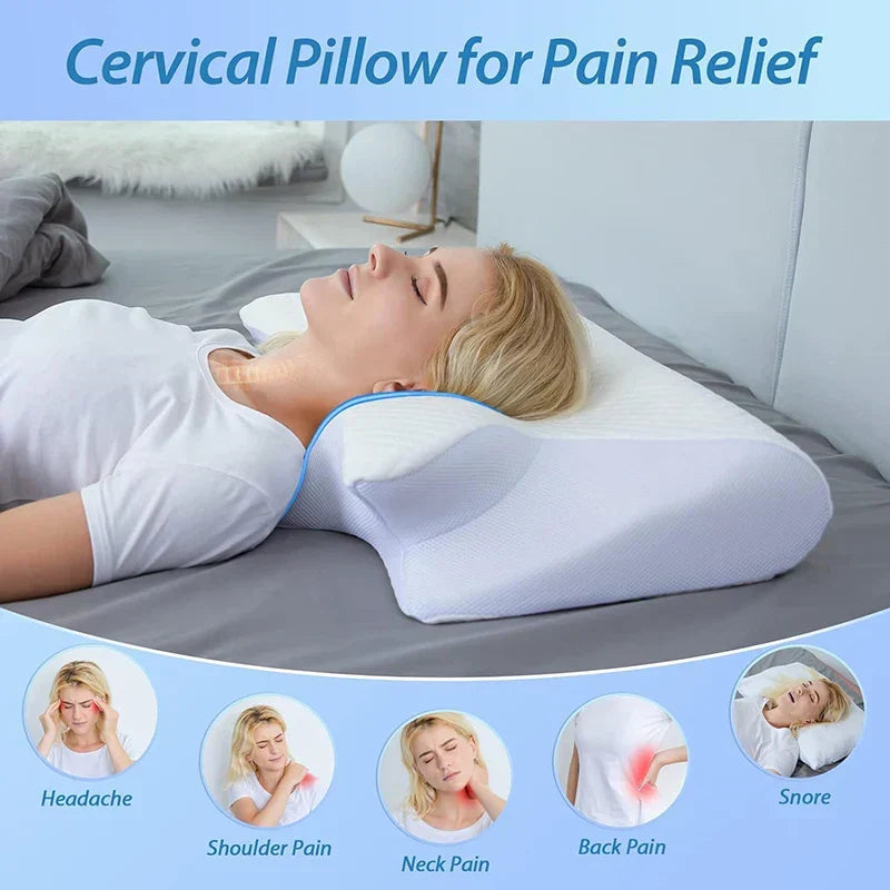 Contoured memory foam cervical pillow offering optimal neck & spine support, reducing pain for all sleepers.