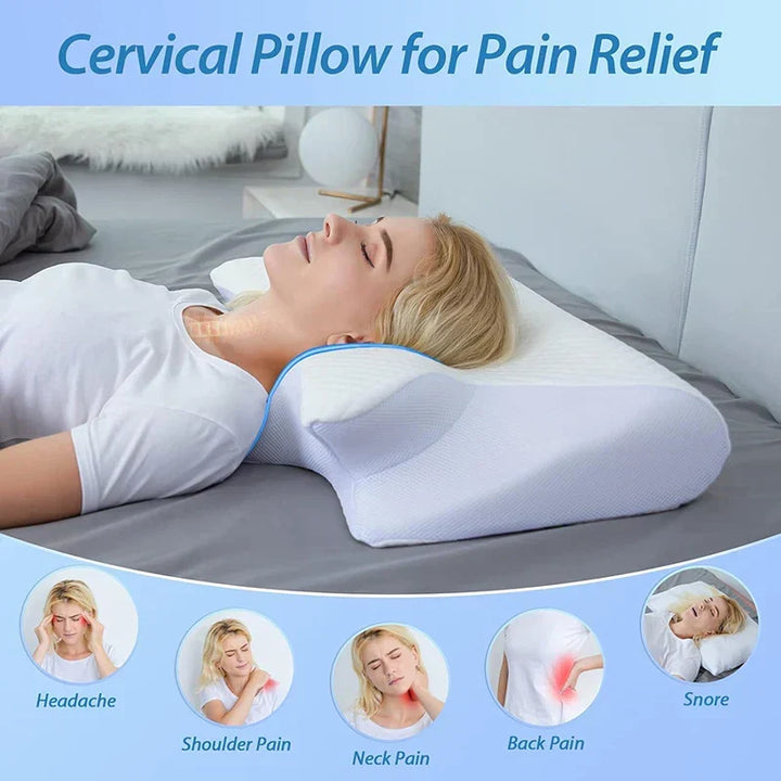 Contoured memory foam cervical pillow offering optimal neck & spine support, reducing pain for all sleepers.
