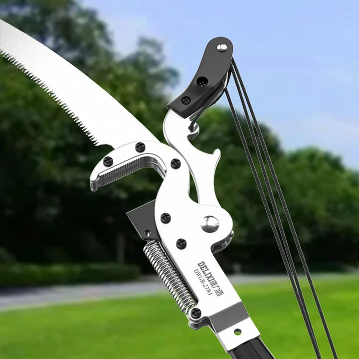 Extendable tree pruner with rope-pull system, perfect for reaching high branches and fruit trees safely.