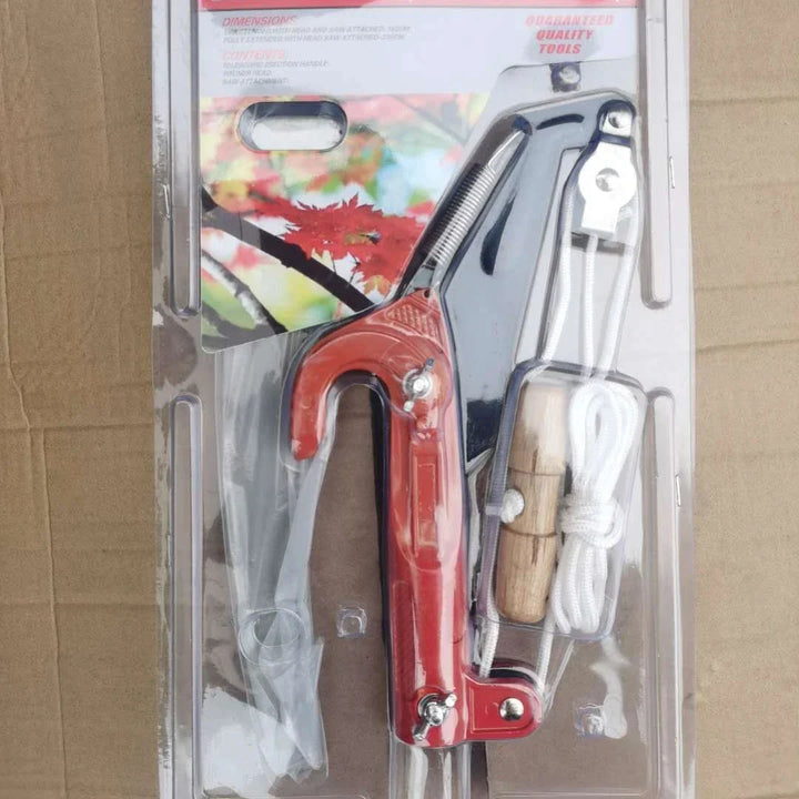 Gardening cutting tool: extendable pole pruner with sharp blade & rope-pull system for precise high branch trimming.