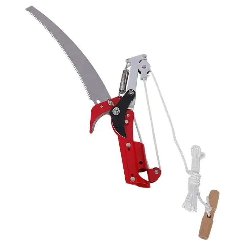Durable extendable tree pruner, a robust garden tool for high branch and fruit tree pruning with rope-pull action.