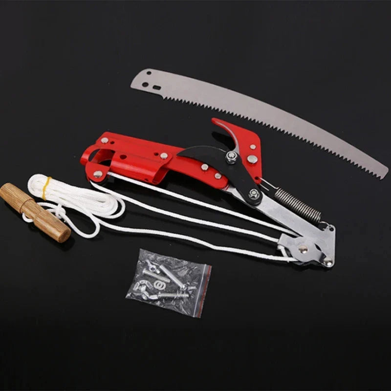 Efficient extendable tree pruner for challenging high branches. Rope-pull pole pruner, an essential garden cutting tool.