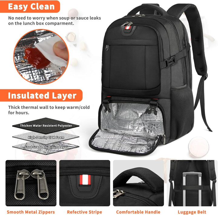 Waterproof extra-large commuter backpack for laptops, with USB & insulated section; perfect for daily use.