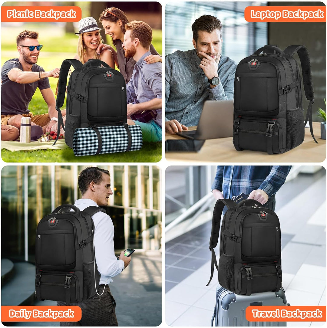 Unisex ergonomic travel backpack, extra-large capacity, with USB charging, insulated food pocket & padded straps.