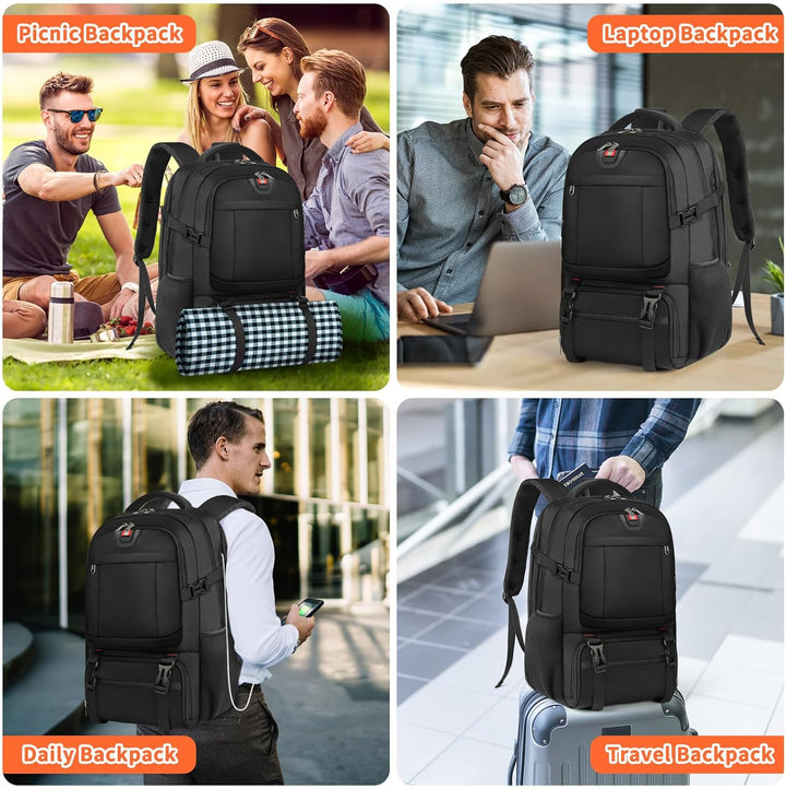 Unisex ergonomic travel backpack, extra-large capacity, with USB charging, insulated food pocket & padded straps.