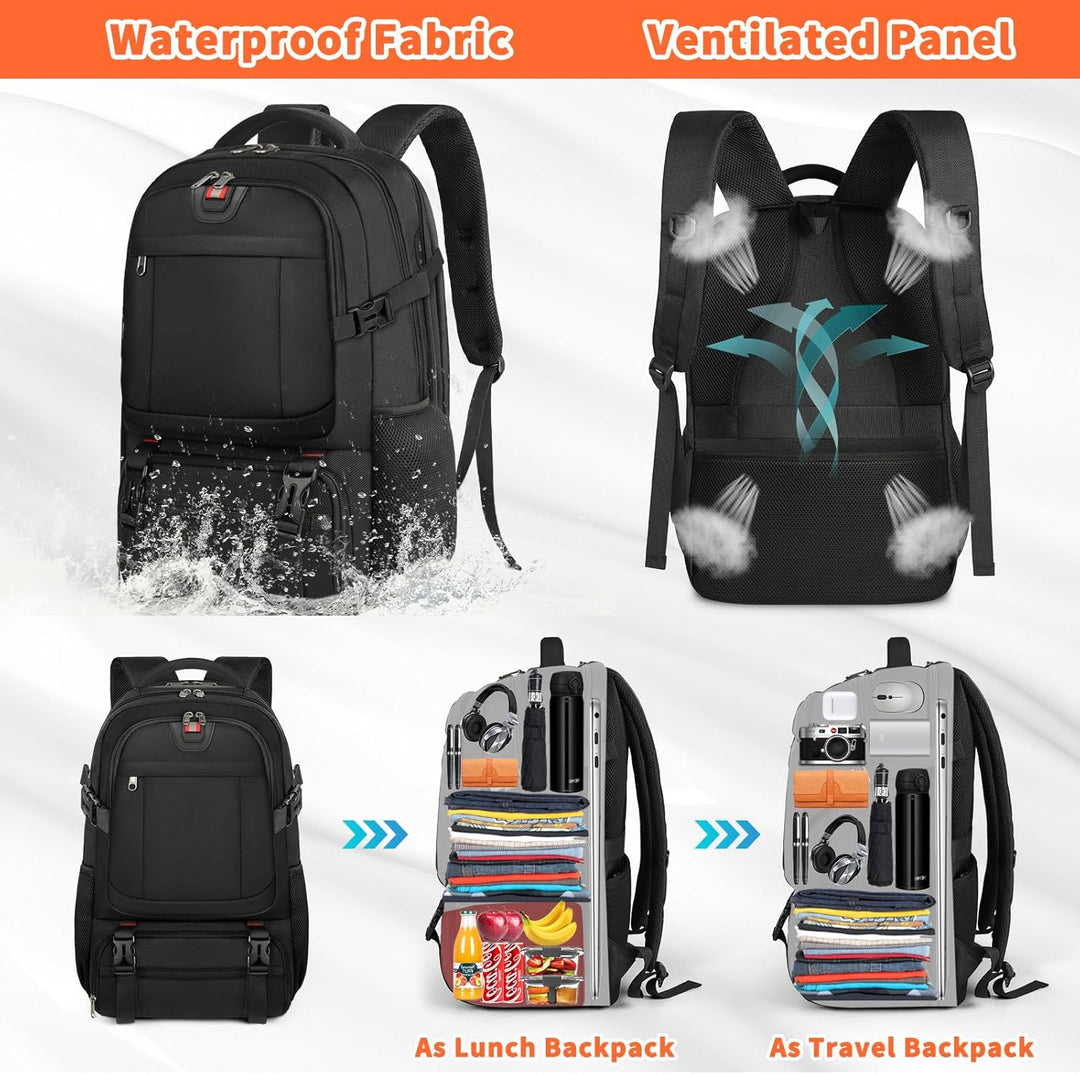 Extra-large travel backpack with a dedicated laptop sleeve, USB charging port, and an insulated food/drink pocket.