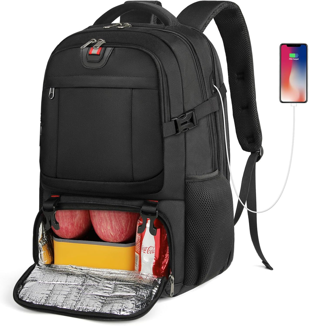 Modern extra-large unisex travel & work backpack, waterproof, with USB port, insulated pocket & multi-purpose design.