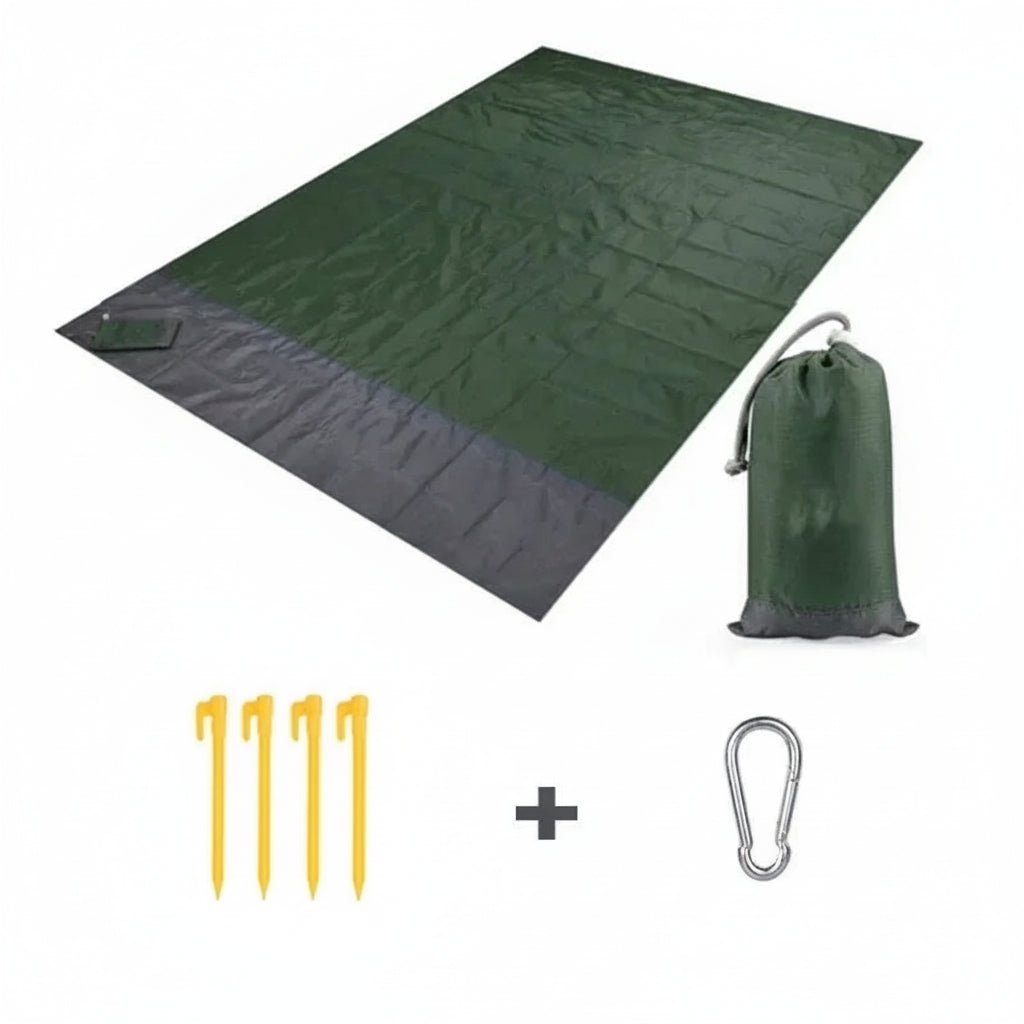 Family-sized waterproof beach blanket, great for camping, park visits & summer relaxation.