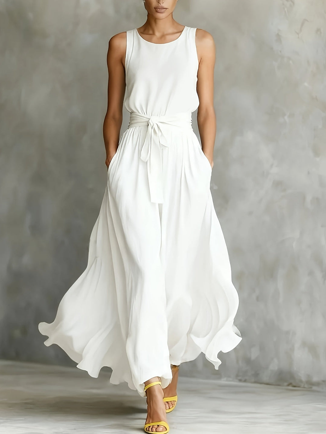 Versatile women's white sleeveless maxi dress, A-line cut with a belt. Ideal for comfortable, stylish summer wear.