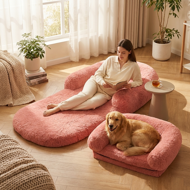 Family-sized plush foldable human & dog bed. Large pet lounge with soft washable cover for ultimate comfort & relaxation.