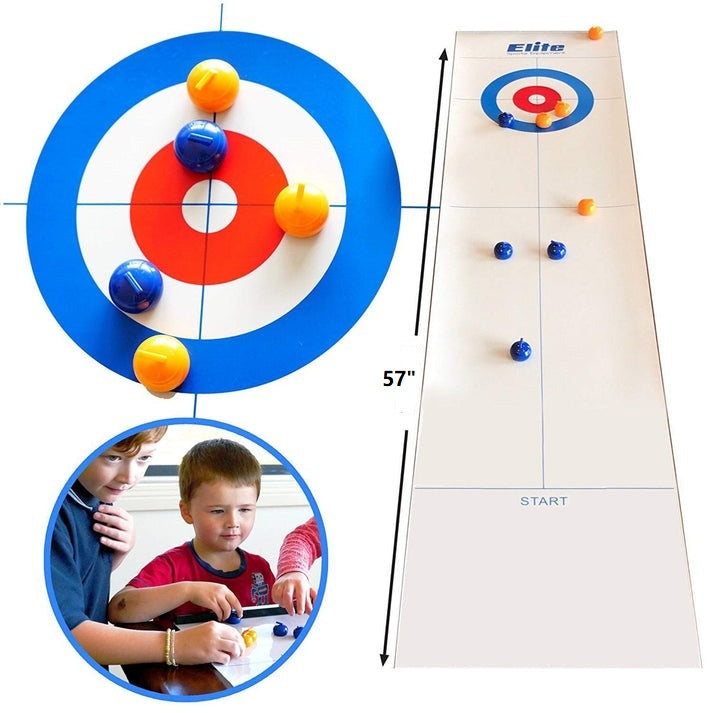 Two players focused on strategy during a fun game of Tabletop Curling. Great adult & kids' board game.