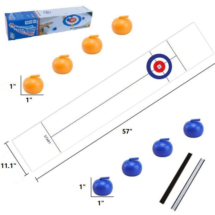 Brightly colored curling stones and textured mat for the Family Tabletop Curling Game. Indoor fun.