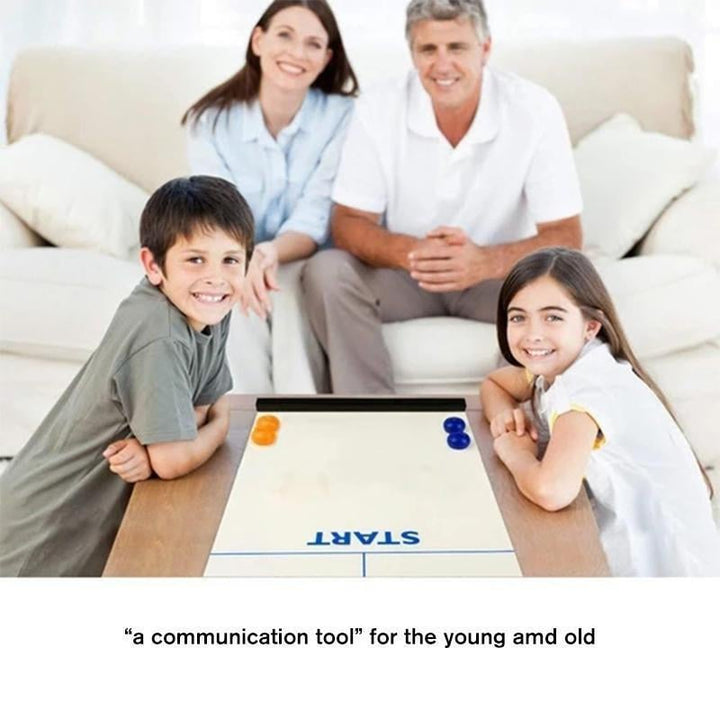 Portable tabletop curling game set with magnetic stones & smooth mat. Great for family fun.