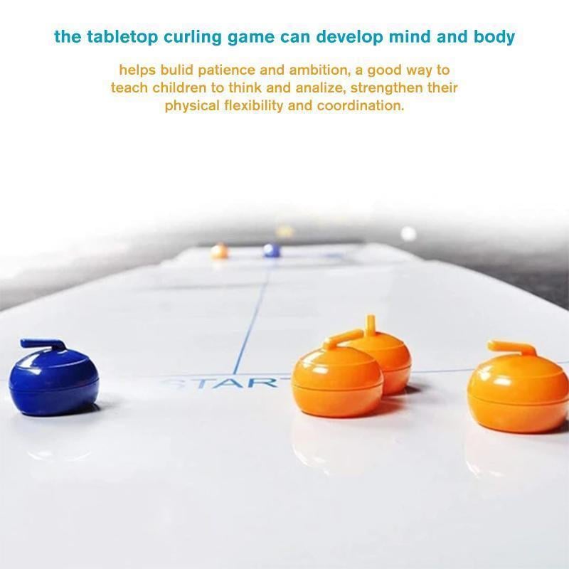 Kids & adults laughing playing the engaging Family Tabletop Curling board game. Perfect party fun.