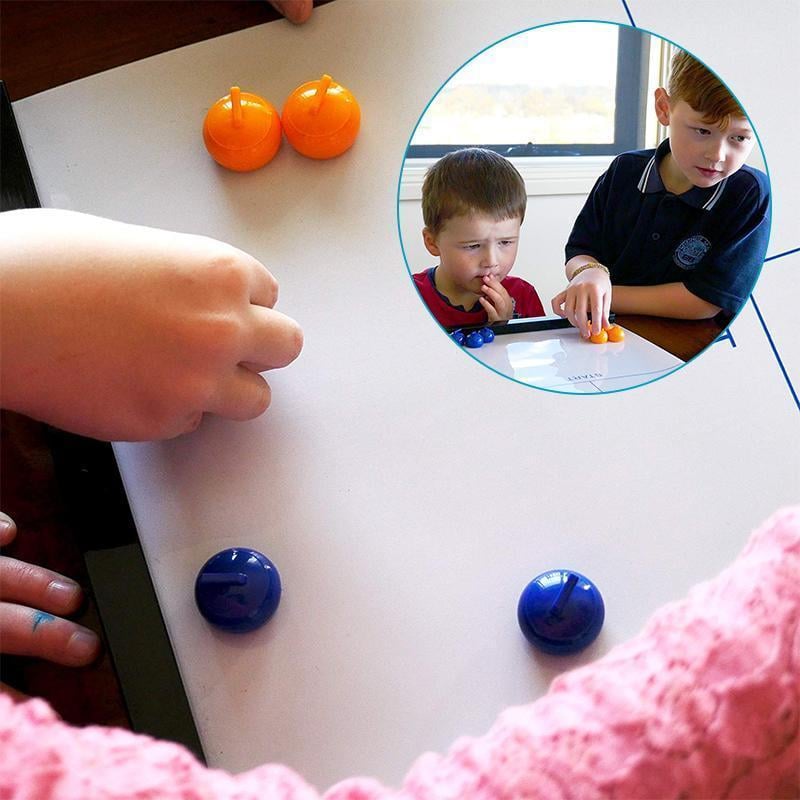 Close-up of vibrant curling stones on the Family Tabletop Curling game mat. Strategy game night.