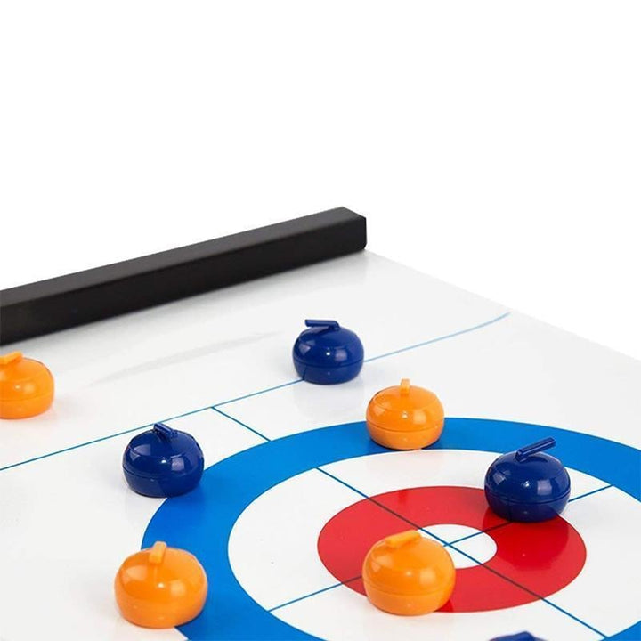 Compact Family Tabletop Curling game rolled up for easy storage & travel. Portable indoor fun.