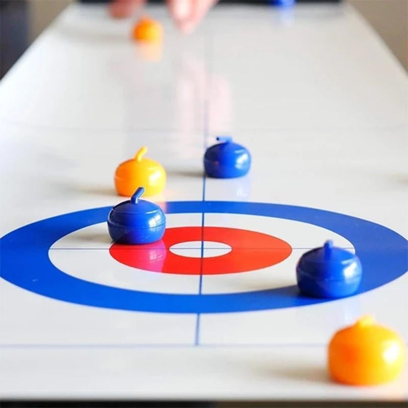 Action shot: A curling stone sliding across the Family Tabletop Game mat. Engaging sports game fun.
