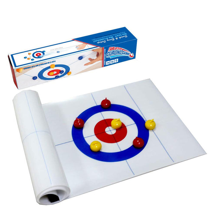 Gift-ready box of the Family Tabletop Curling Game. Ideal indoor board game for family & friends.