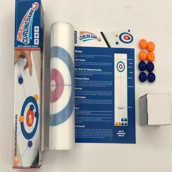 Family enjoying a strategic game night with the interactive Tabletop Curling board game. Fun for all.