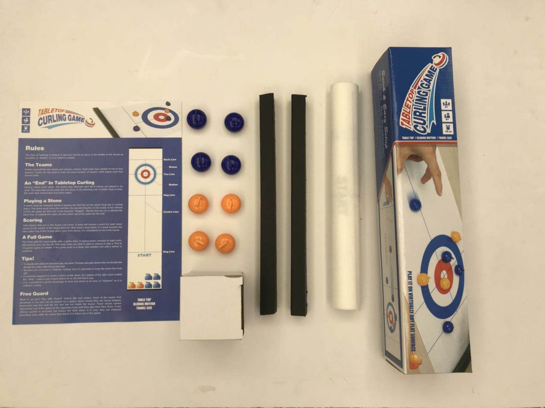 Vibrant Family Tabletop Curling Game spread out on a table. Engaging indoor game for parties & kids.