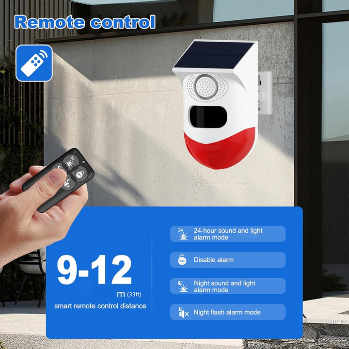 Waterproof solar motion sensor alarm, ideal for outdoor security, yard protection, and pest deterrent.