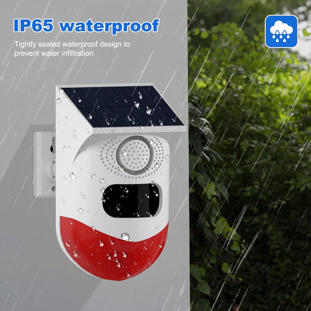 Anti-theft solar motion sensor alarm with a loud 120dB siren and bright strobe light for farm security.