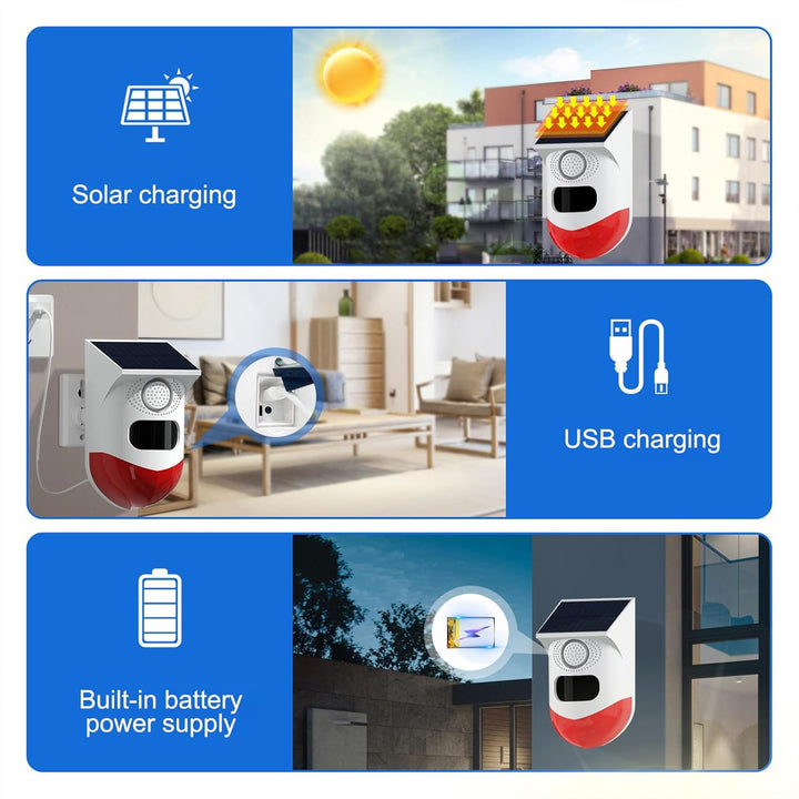 Outdoor security solar alarm featuring a powerful 120dB siren & bright LED strobe to deter intruders.