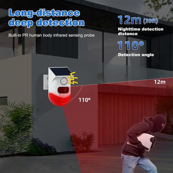 Durable waterproof solar motion sensor alarm for effective outdoor security in gardens, farms & yards.