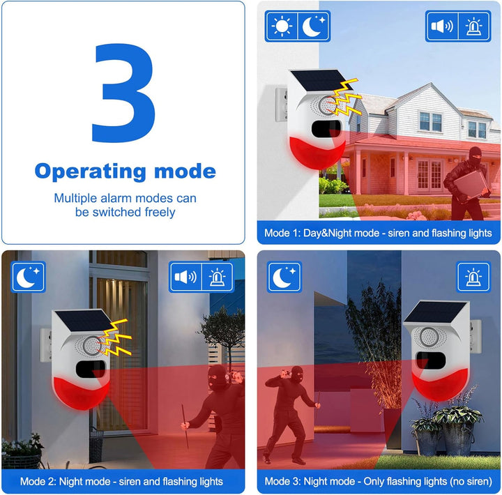 Protect your property with this outdoor solar motion sensor alarm, featuring a 120dB siren & strobe.