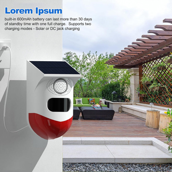 Mounted Feronix outdoor solar alarm with motion sensor, 120dB siren & strobe for reliable perimeter security.