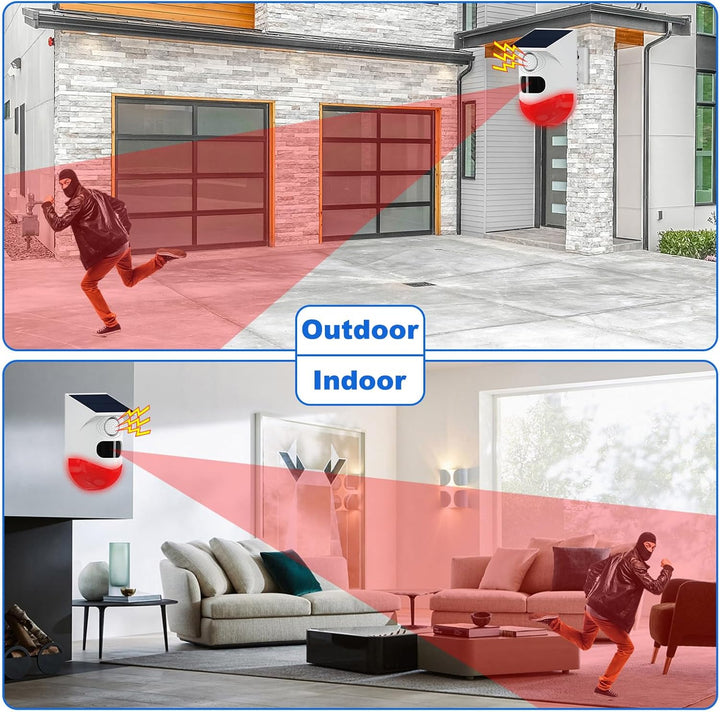 Solar motion sensor alarm combining a 120dB siren & LED strobe for robust outdoor anti-theft protection.