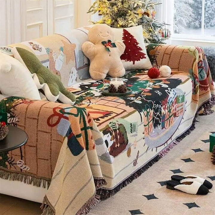 Festive Christmas jacquard knit sofa cover in red & white, perfect for holiday living room decor & winter styling.