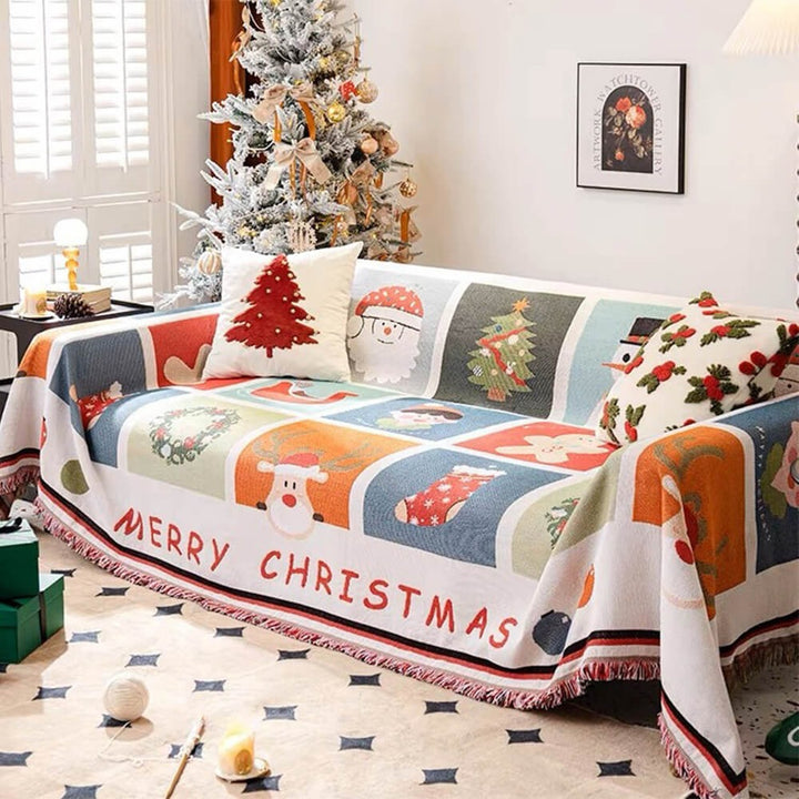 Jacquard knit Christmas sofa cover protecting your couch while adding festive holiday decor to your living room.