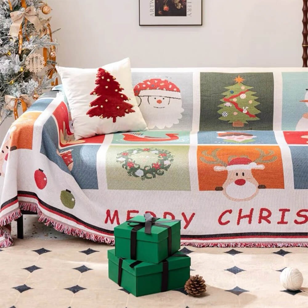 Elegant jacquard knit Christmas sofa cover with winter patterns, ideal for seasonal home styling & festive decor.